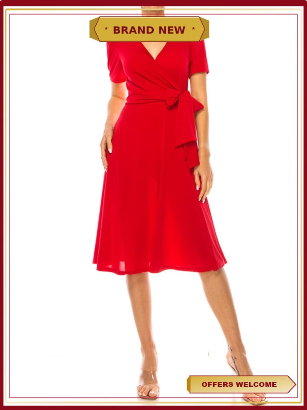 Faux Wrap Dress Deep V-Neck Flattering Fit Versatile